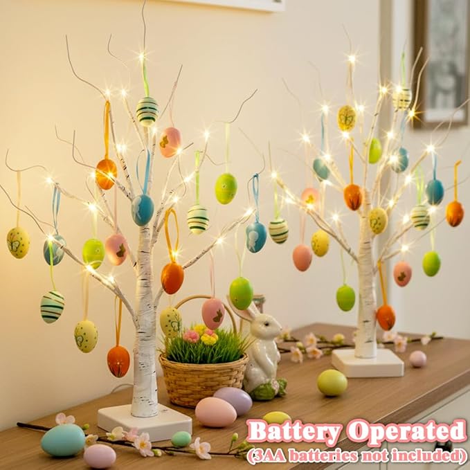 PEIDUO Easter Decorations, 24LT Easter Egg Tree for Home Decor, Lighted Tabletop Tree with 36 Multicolor Painted Eggs, Artificial Tree Decor for Spring Party Bedroom Classrooms (2PK)