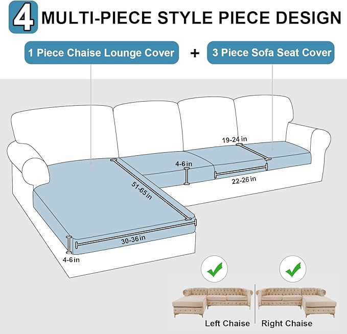 NAISI Waterproof Couch Cushion Covers Thick Velvet Fabric Washable Sofa Slipcovers Sectional Couch Covers for 4 Pieces Separate L Shape Couch Cover with Elastic Bottom(3 Seater + 1 Chaise, Coffee)