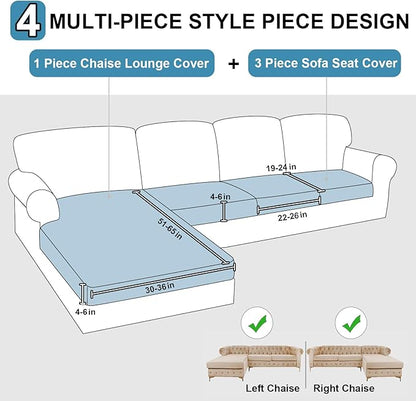 NAISI Waterproof Couch Cushion Covers Thick Velvet Fabric Washable Sofa Slipcovers Sectional Couch Covers for 4 Pieces Separate L Shape Couch Cover with Elastic Bottom(3 Seater + 1 Chaise, Coffee)