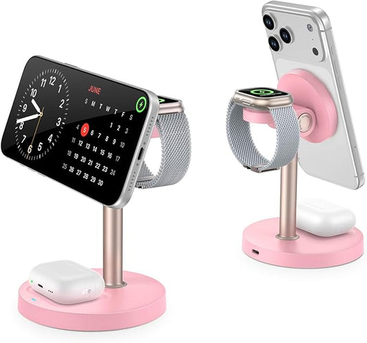 3 in 1 Wireless Charging Station for Apple, 15W Fast Magnetic Charger Stand Wireless Nightstand for Bedrooms, iPhone 17 16 15 14 13 12 Series, Apple Watch, Airpods, Women Gifts (No AC Adapter) Pink