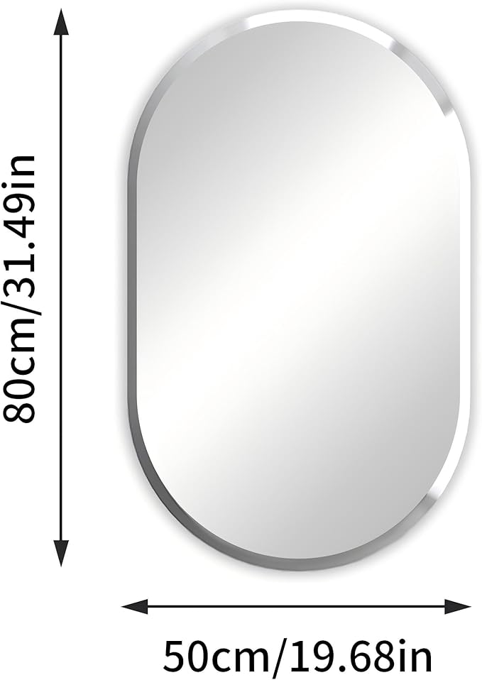 Frameless Oblong Wall Mirror: Decorative Oval Mirrored Glass Vanity with Beveled Silver Edge for Bathroom Bedroom Livingroom Dining Room Entryway Hallway, 32 x 20 inch