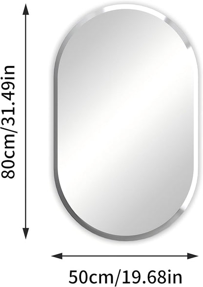 Frameless Oblong Wall Mirror: Decorative Oval Mirrored Glass Vanity with Beveled Silver Edge for Bathroom Bedroom Livingroom Dining Room Entryway Hallway, 32 x 20 inch