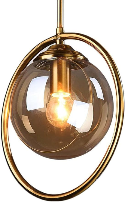 Pendant Light Modern Minimalist Hanging Lamp with Spherical Glass Shade and Brass Metal Ring Adjustable Height for Dining Room Bedroom Living Room (Amber)