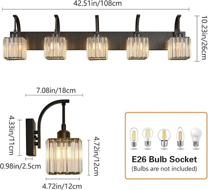 5-Light Crystal Vanity Light, Modern Black Bathroom Wall Sconce with K9 Crystal Shades, 42.51" Long Over Mirror Lighting for Vanity, Makeup, Hallway, Elegant & Easy Installation