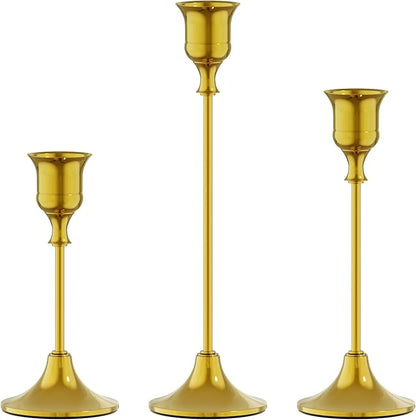 FSyueyun Gold Candle Holders Set of 3, Elegant Metal Candlestick Holders for Vintage Taper Candle Holders, Perfect for Table Centerpieces, Fireplace Mantels, Home Decor, Weddings and Party Decorations