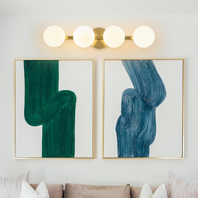 Bathroom Vanity Mirror Light Fixtures: 4 Lights Bath Wall Sconce Lighting - Brass Gold Vanity Lights with Milk Glass Shade - Modern Minimalist Makeup Light Fixture Above Mirror for Hallway E26 Base