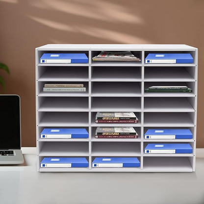 Literature Organizer with 24 Compartments | Adjustable Desktop File Sorter Mail Center for Home, Office & Classroom | PVC Paper Storage Cabinet with Shelves (White, 24 Compartments)