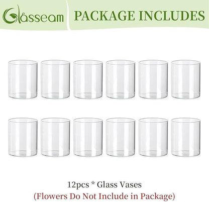 Glasseam Glass Cylinder Vases for Centerpieces, Small Clear Flower Vase Set of 12, Modern Floating Candle Vases Decor, Decorative Hurricane Candle Holders for Wedding Dining Table Decorations, 4in