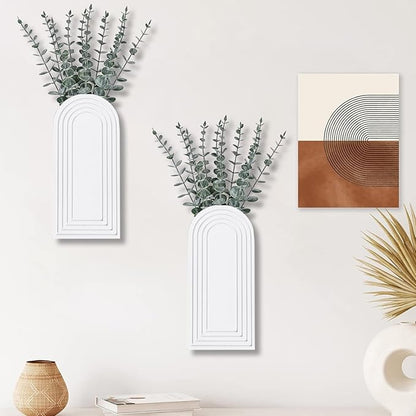 2 Pack Wooden Wall Vase Set - White Finish Modern Farmhouse & Boho Wall Decor for Entryway, Hallway, Bathroom, Living Room, Dining Room, Narrow Spaces