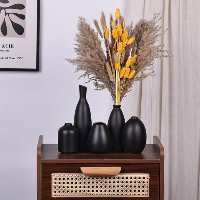 Black Ceramic Bud Vases Set of 5, Farmhouse & Mantle Decor, Home Decoration for Living Room, Kitchen & Office, Coffee Table Decor, Bulk Bud Vases