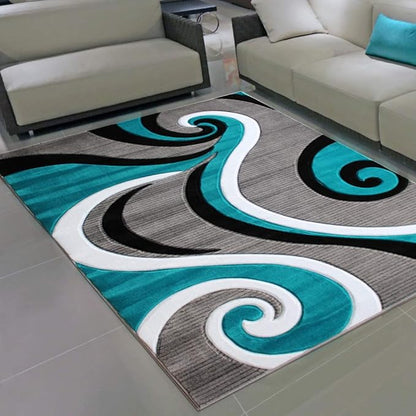 Masada Rugs, Sophia Collection Hand Carved Area Rug Modern Contemporary Turquoise White Grey Black (5 Feet 3 Inch X 7 Feet)