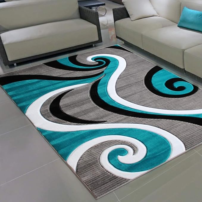 Masada Rugs, Sophia Collection Hand Carved Area Rug Modern Contemporary Turquoise White Grey Black (8 Feet X 10 Feet)