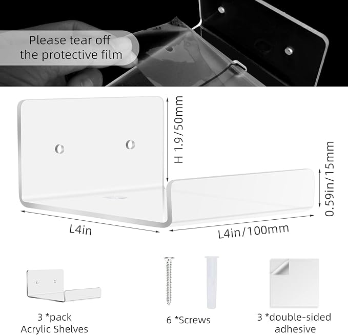 3 Pack Acrylic Small Floating Shelf for Wall Storage,4'' Clear Mini Adhesive Shelf for Living Room,Bathroom,Bedroom (Adhesive&Drilling)