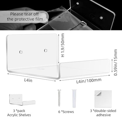 3 Pack Acrylic Small Floating Shelf for Wall Storage,4'' Clear Mini Adhesive Shelf for Living Room,Bathroom,Bedroom (Adhesive&Drilling)