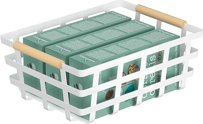 Farmhouse Baskets,Wire Metal Baskets Bin,Wire Food Organizer Storage Basket,Fruit Bin with Wood Handles for Pantry Cabinets Rustic Kitchen Counter Closet