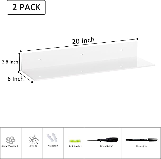 Sezanrpt 20 Inches Acrylic Wall Shelves 2 Pack, Floating Shelf for Wall Mounting, Acrylic Display Ledges for Funko Pop Figures, Home Décor, Living Room, Gaming Room, Plants(20 inch, White)
