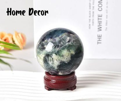 JIC Gem Large Crystal Ball Feather Fluorite Healing Crystals Sphere with Wooden Stand Meditation Home Decor 3.5-4 inch (90-100mm)