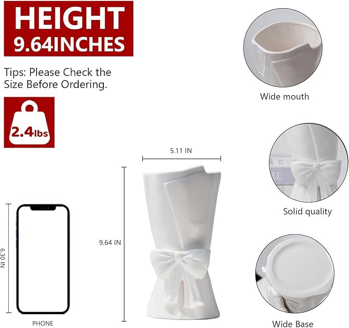 Fully Glazed White Ceramic Bow Vase 9.64 in Unique Cute Modern Decorative Bouquet Flower Vases for Home Living Room Table Valentine's Day Decor Women Girl Gifts