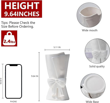 Fully Glazed White Ceramic Bow Vase 9.64 in Unique Cute Modern Decorative Bouquet Flower Vases for Home Living Room Table Valentine's Day Decor Women Girl Gifts