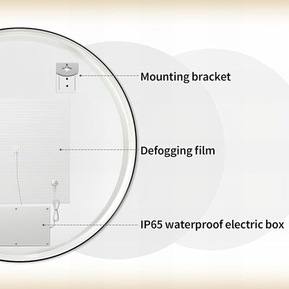 48" Round LED Bathroom Mirror, Wall Mounted Backlit Vanity Mirror with 45° Beveled Frame Lighted Mirror for Bedroom, Fog Free 3-Color Dimmable Lights Memory Function, Black