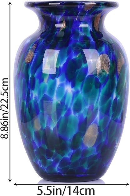 Hand Blown Glass vase, Blue Wide Mouth Large vase for Home Decorative Bouquet, Suitable for Office Living Room TV Stand Kitchen Dining Table Centerpiece Bookshelf entryway Desktop Decoration.