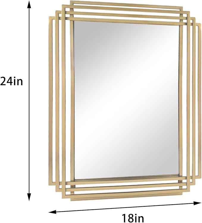 Gold Rectangle Mirror, 24"x18" Modern Vanity Wall Mirror with Metal Mirror, Geometric Art Deco Mirrors for Living Room Bathroom Bedroom Entryway Hallway, Hangs Vertically or Horizontally