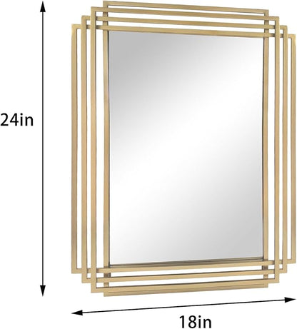 Gold Rectangle Mirror, 24"x18" Modern Vanity Wall Mirror with Metal Mirror, Geometric Art Deco Mirrors for Living Room Bathroom Bedroom Entryway Hallway, Hangs Vertically or Horizontally