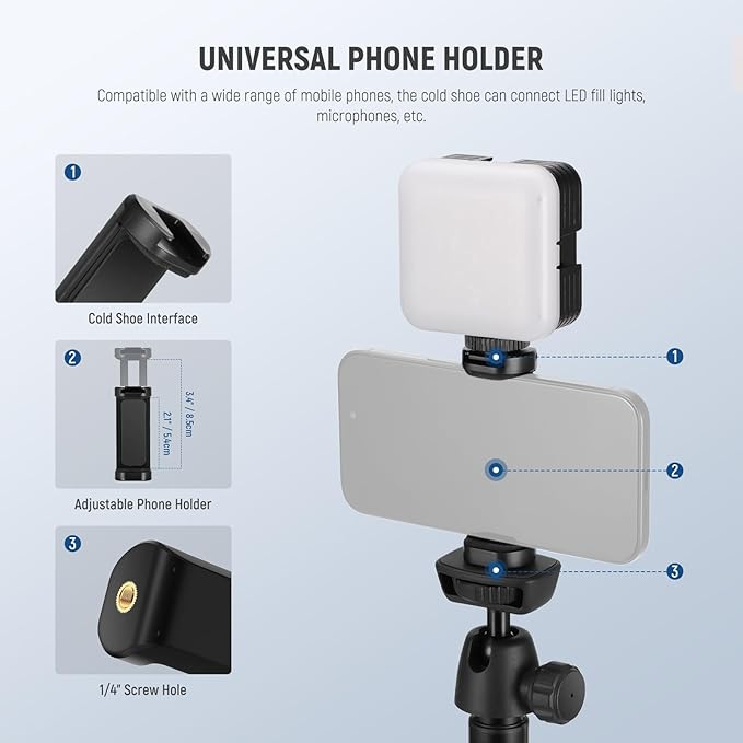 NEEWER Phone Tripod for Camera with Cell Phone Holder & Remote, 62.9" All Metal Selfie Stick Travel Vlog Video Recording Portable Stand Compatible with iPhone Canon Sony Nikon, Cleaning Cloth, TS05