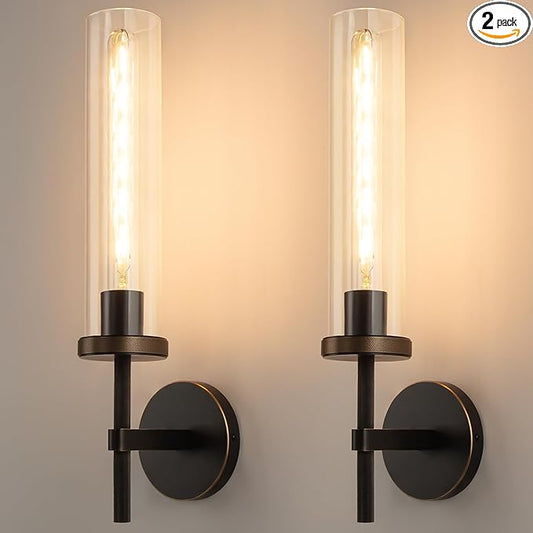 19.5" Knurled Brass Wall Sconces Set of 2, Black Gold Bathroom Vanity Light Fixtures with Clear Glass Tube, Modern Lamp Lighting for Bedroom, Living Room, Hallway, Staircase, Mirror, Kitchen