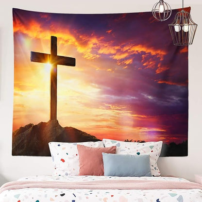 BERRY Jesus Christ Cross Sunrise Tapestry Sunset Sepulcher Lord Pray Easter Crucifixion Religious Belief Wall Hangings Decor Large Tapestry for Bedroom Living Room Dorm College Church Man Cave(80x60