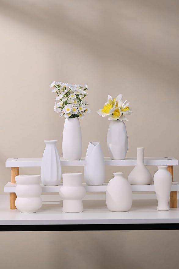 Set of 9 Ceramic Bud Vases for Pampas Grass Flowers, Small Vases in Bulk for Centerpieces Boho Vases for Wedding Decorations Neutral Living Room and Bedroom Decor DIY Gift (White-3)