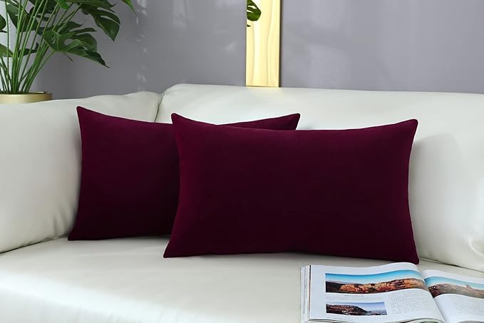 mixeoo Comfy Burgundy Red Throw Pillow Covers Decorative Lumbar Solid Rectangle Thick Velvet Super Soft Cushion Cases Home Decor for Sofa Couch Living Room Chair, Set of 2, 12 x 20 Inch