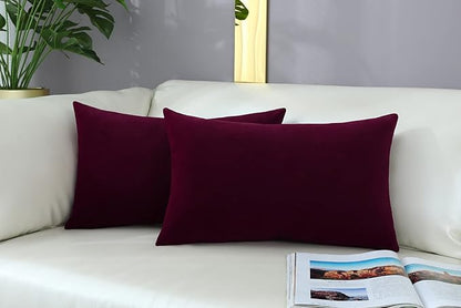mixeoo Comfy Burgundy Red Throw Pillow Covers Decorative Lumbar Solid Rectangle Thick Velvet Super Soft Cushion Cases Home Decor for Sofa Couch Living Room Chair, Set of 2, 12 x 20 Inch