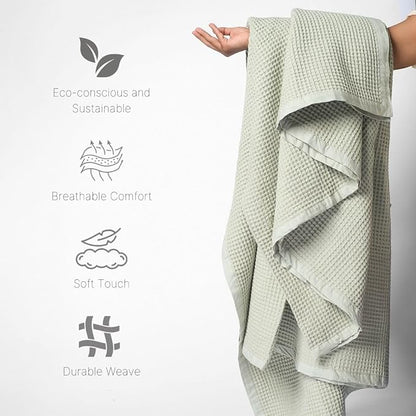 GOTS Certified Organic Cotton Waffle Weave Blanket, Twin Bed, 66"X90"Cozy Throw Blanket for Couch, Modern Home Decor, Throw Blankets, Comfy Waffle Blanket Soft Bed Blankets -Sea Foam