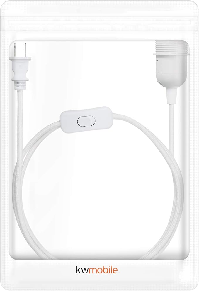 kwmobile Plug-in Light Cord - 20ft Long Fabric Pendant Lamp Cable with Plug, E26 Socket - for Hanging DIY Ceiling Lighting - White