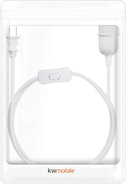 kwmobile Plug-in Light Cord - 20ft Long Fabric Pendant Lamp Cable with Plug, E26 Socket - for Hanging DIY Ceiling Lighting - White