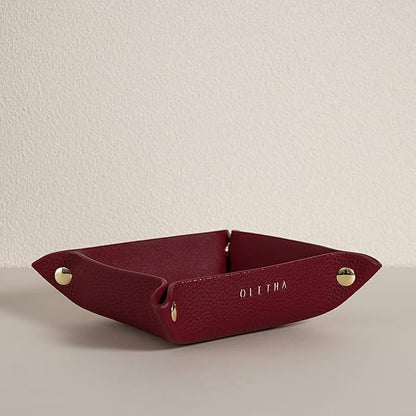 OLETHA Small Foldable Valet Tray - Aesthetic Desk Organizer for Home, Office & Travel - Portable Catch All Bowl for Keys, Jewelry & Essentials - Red