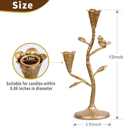 Gold Candelabra with Flowers and Bird for Farmhouse Decor, Vintage Metal Candlestick Holders for Dinner Room Table Centerpiece Decorative, Iron Candle Holder for Mantel Wedding Party Decor
