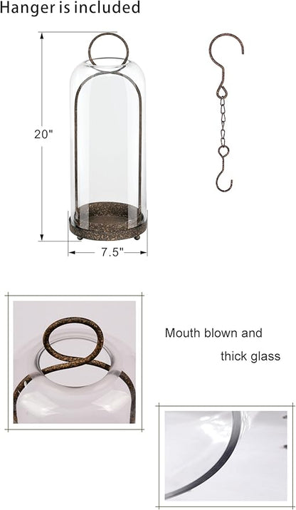 20" High Versatile Modern Metal Hurricane Lantern with Handmade Sturdy Glass Dome in Rustic Brown for Pillar Candle & Plants, Industrial, Farmhouse, Shabby Chic (Brown, 7.5"x20")