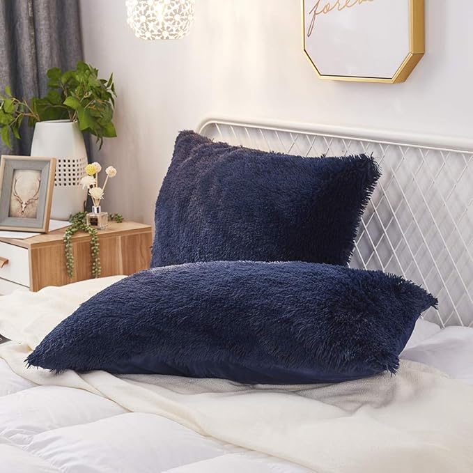 Uhamho Set of 2 Standard Pillowcases Faux Fur Throw Pillow Covers Shams Soft Velvet Decorative Zipper Closure (Navy, 20"x26")