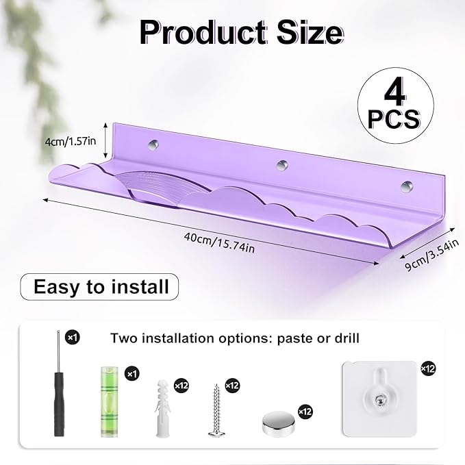 Rainbow Acrylic Floating Shelves, 15in Kids Wall Mounted Nursery Bookshelves, Display Ledge for Books Toys Cosmetic Storage, Bathroom Bedroom Living Room Wall Organizer, 4 Pack, Purple