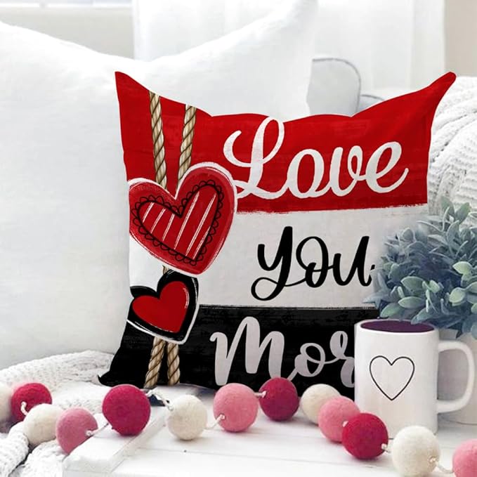 GEEORY Valentine's Day Throw Pillow Covers 18x18 Inch Set of 4, Valentines Red Black Hearts Love You More Decorative Farmhouse Holiday Cushion Case for Home Decoration G644-18