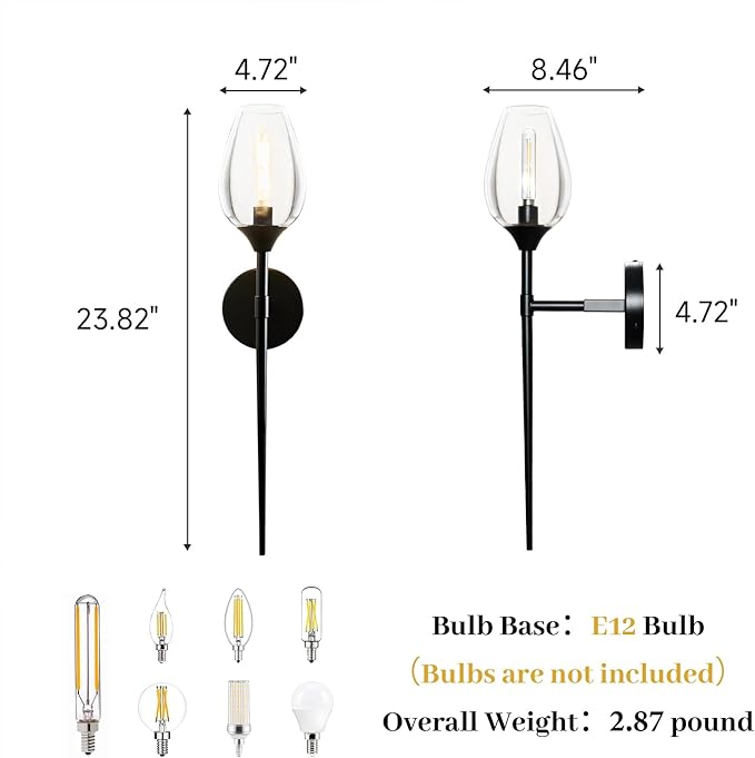 Black Glass Wall Sconce Light: Modern Decorative Sconces Lights over Mirror - Brushed Brass Bathroom Vanity Lighting with Flower Shade Set of 2 - Indoor Glass Wall Mount Lamp for Bedroom Living Room