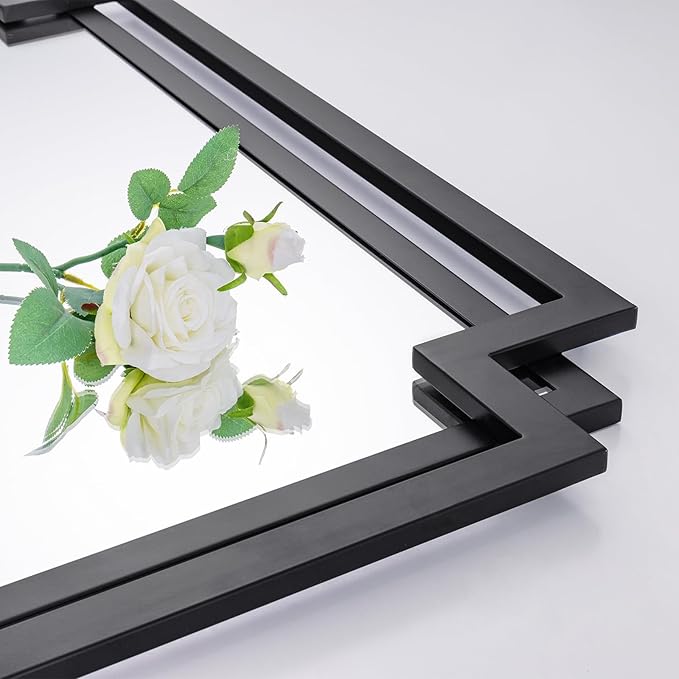Black Decorative Mirror for Wall Decor, 24" x 36" Large Elegant Living Room Mirror with Irregular and Rectangular Metal Frame, Contemporary Bathroom Mirror Above Sink