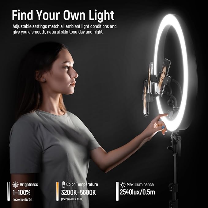 NEEWER Ring Light RP19H 19 Inch with Tripod Stand 3 Phone Holders Compatible with iPhone, Upgraded 2.4G Touch Control Ringlight for Video Recording Streaming Home Office Zoom Selfie Makeup Lighting