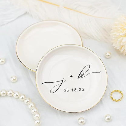 Custom Engagement Ring Holder Ring Dish, Custom Wedding Gifts for Couple, Bridal Shower Couple Jewelry Tray, Monogrammed Engagement Wedding Gifts for Bride 2