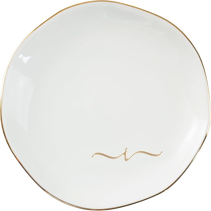 InnoBeta Ceramic Jewelry Tray, Decorative Trinket Dish for Rings Earrings Necklaces Bracelet Watch Keys, Birthday for Women, Mother's Day Christmas Gift for Women, 4.75", White Surface Gold (I)