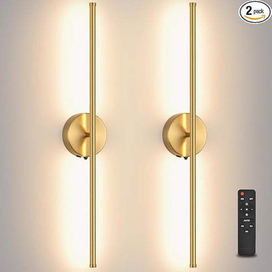 Wall Sconces Battery Operated Set of Two, Gold LED Wireless Wall Sconce with Remote Control 350° Rotate, 27.6 Inch Dimmable USB Rechargeable Wall Lights for Living Room Bedroom Hallway