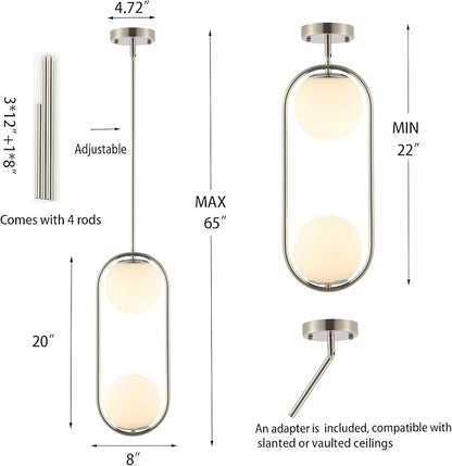 Modern Globe Pendant Light 2-Lights Brushed Nickel Chandelier Mid Century Ceiling Hanging Lighting Fixture White Globe Glass Shades for Kitchen Island Dining Room Bedroom