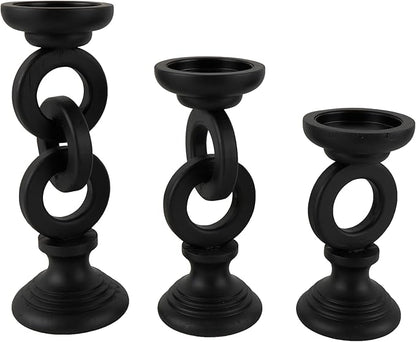 Deco 79 Wooden Decorative Candle Holder Chain Link Candle Stand, Set of 3 Candlestick Holder 13", 11", 9" H, Black